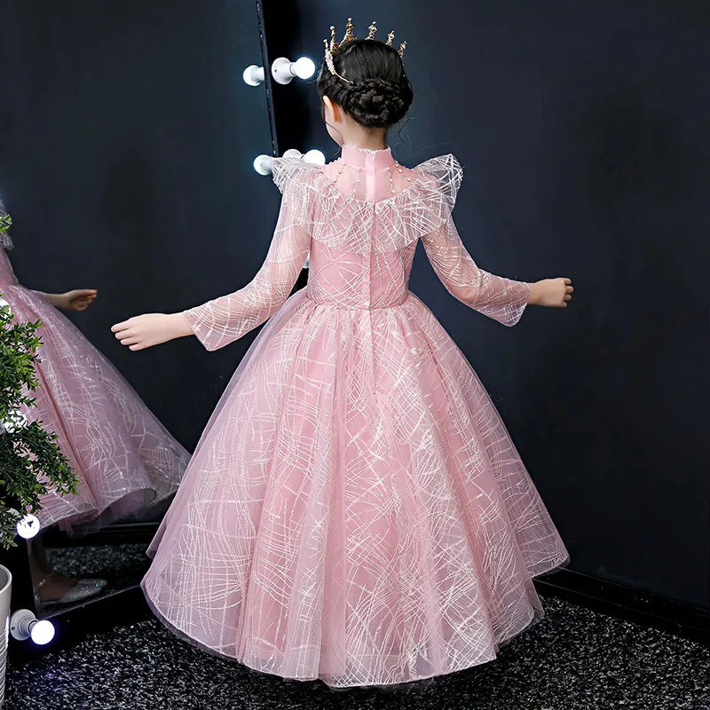

Little Girls Children Elegant Pink Red Long sleeves Birthday Wedding Party Princess Sequined Dress Kids Host Model Show Dress