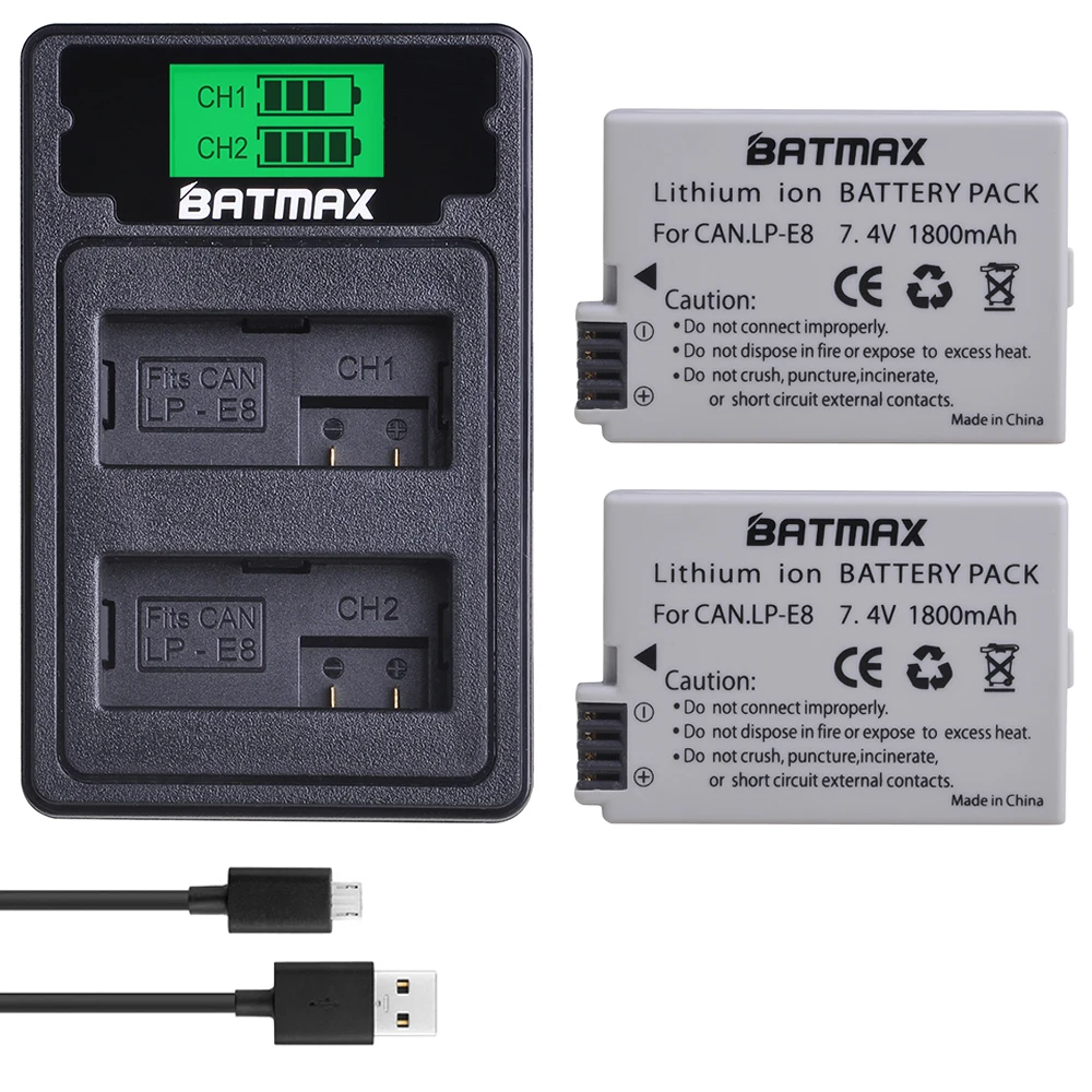 Аккумулятор Batmax LPE8 с ЖК дисплеем двойное зарядное устройство USB портом Type C для Canon