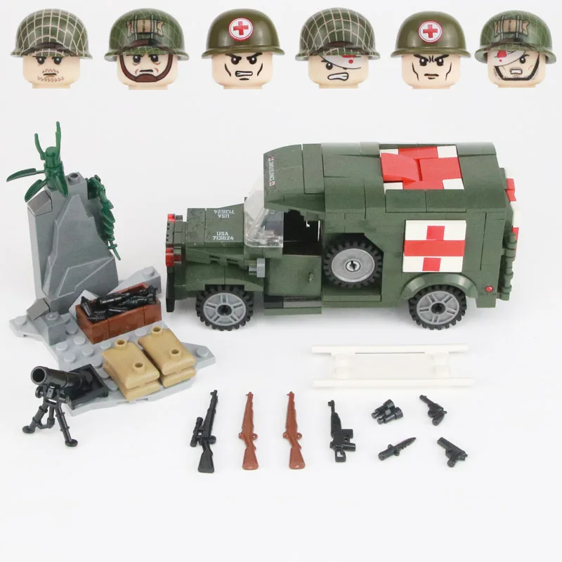 

WW2 Military US Army Soldiers Figures Helmet Building Blocks Wounded Soldier Ambulance Weapon Bricks Parts Building Blocks Toys