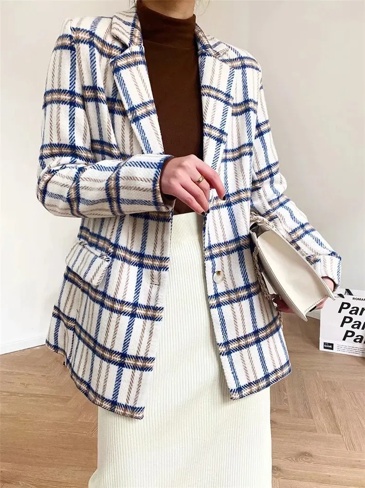 

Women Casual Fashion Vintage Plaid Woolen Blazer Female Long Sleeve Elegant Jacket Offive Lady Warm Thick Single-breasted Blazer