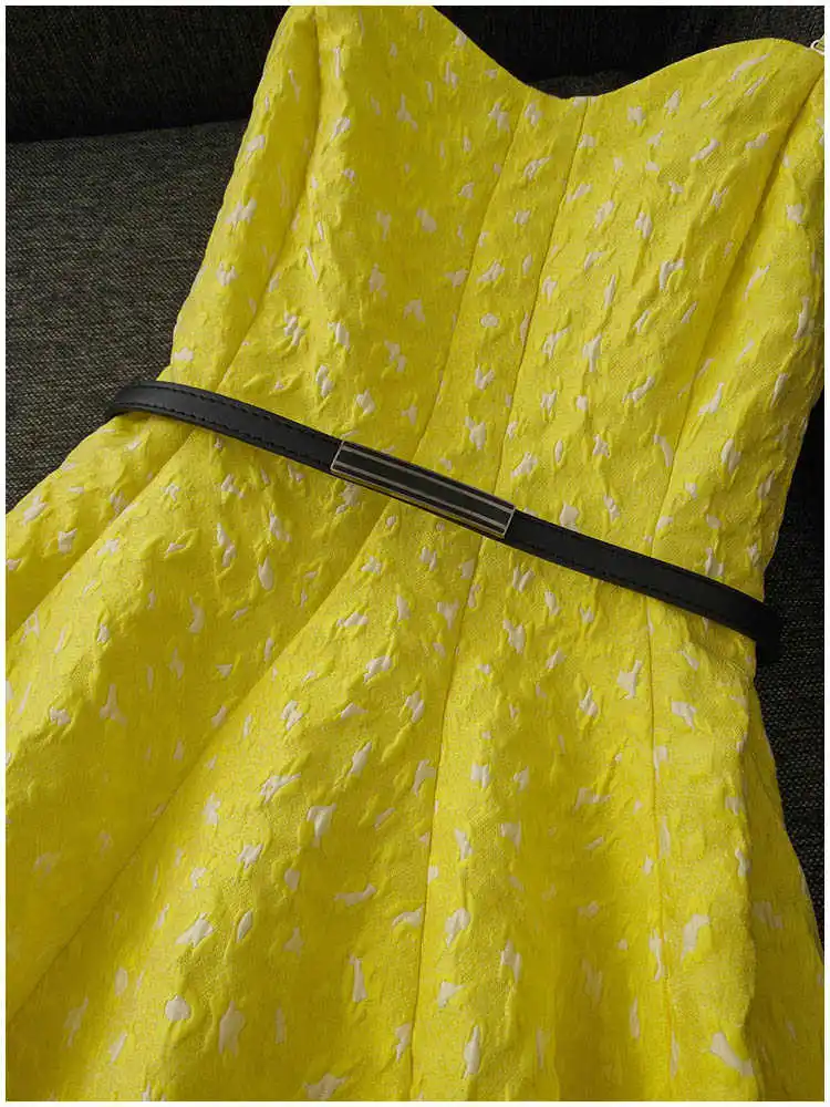 

Женское жаккардовое платье средней длины, элегантное праздничное желтое платье на бретелях-спагетти с винтажным принтом и поясом, весна-ле...