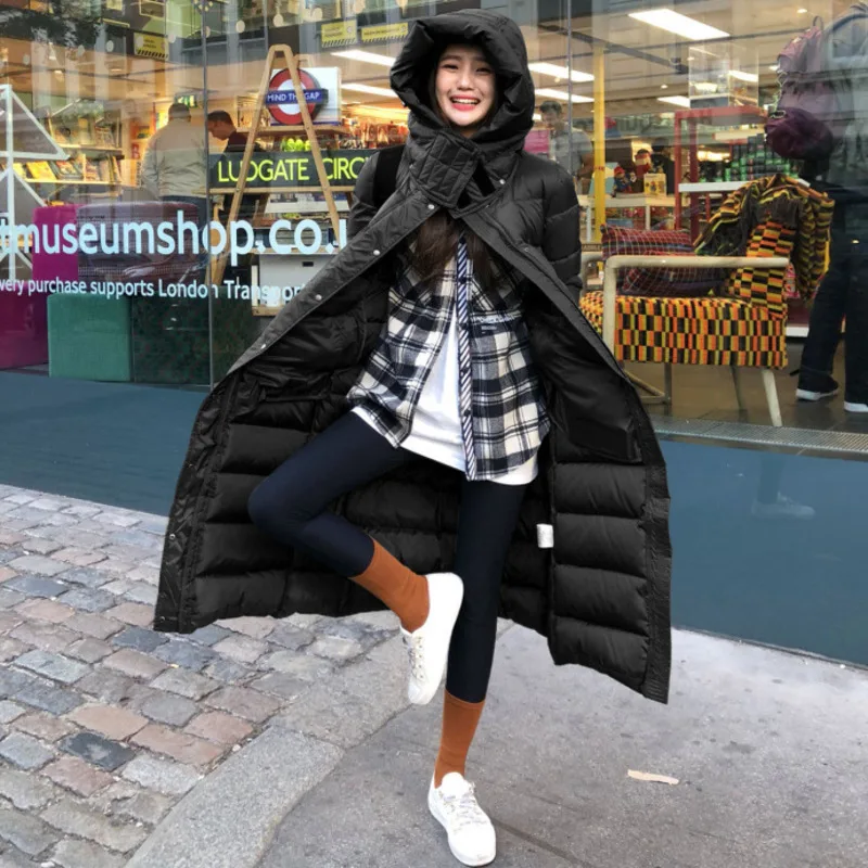 90% белый пуховик на утином пуху 2019 женская зимняя куртка плотное длинное пальто