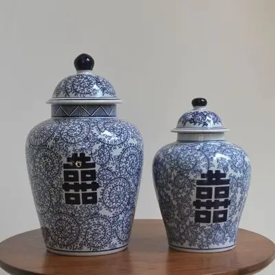 Синий и белый фарфоровый горшок украшения двойное счастье керамическая банка