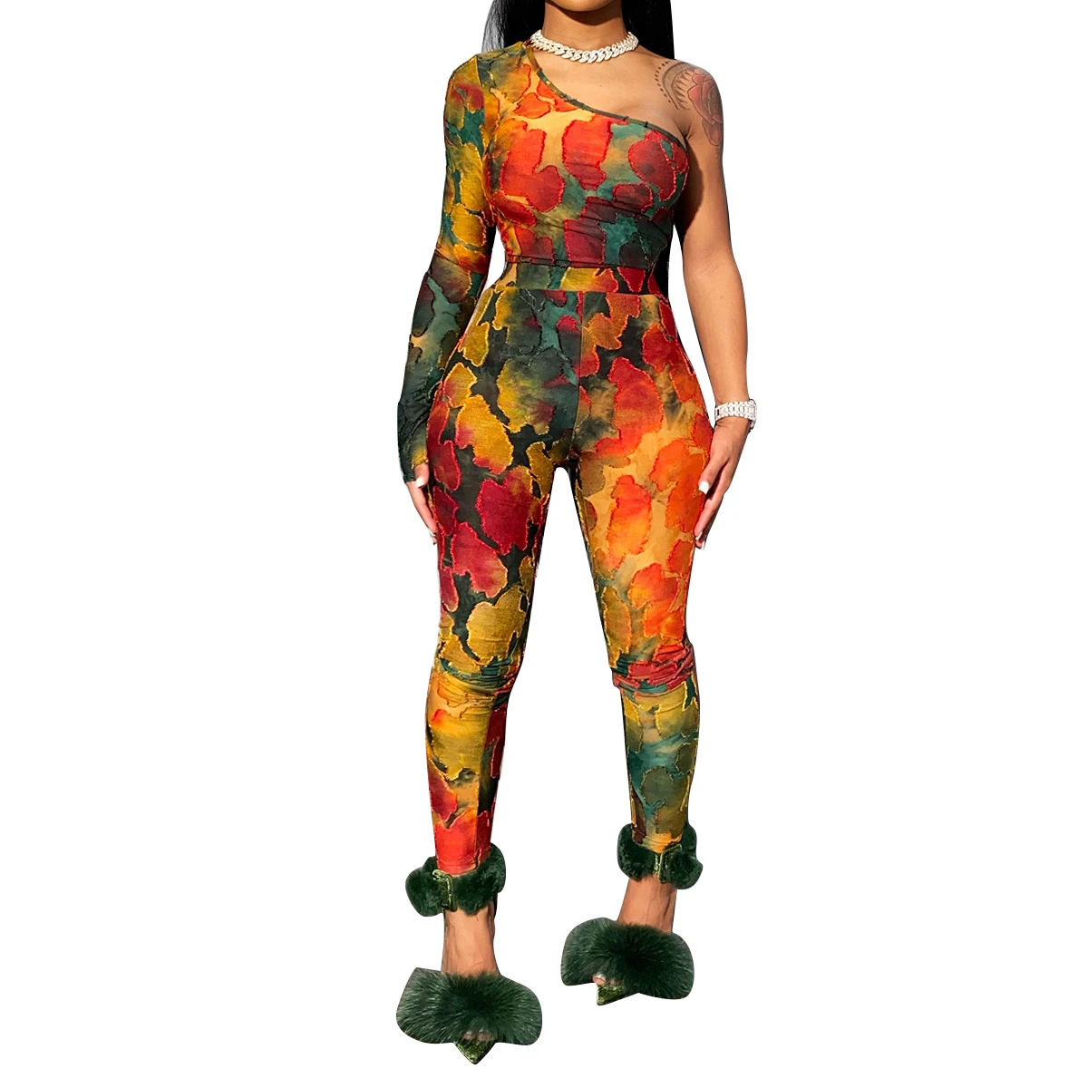 Women's Printed Casual Jumpsuit Set Water Color Blouse Splash Pigment Leggings Off-Shoulder Skinny Sexy Playsuit Women Rompers | Женская