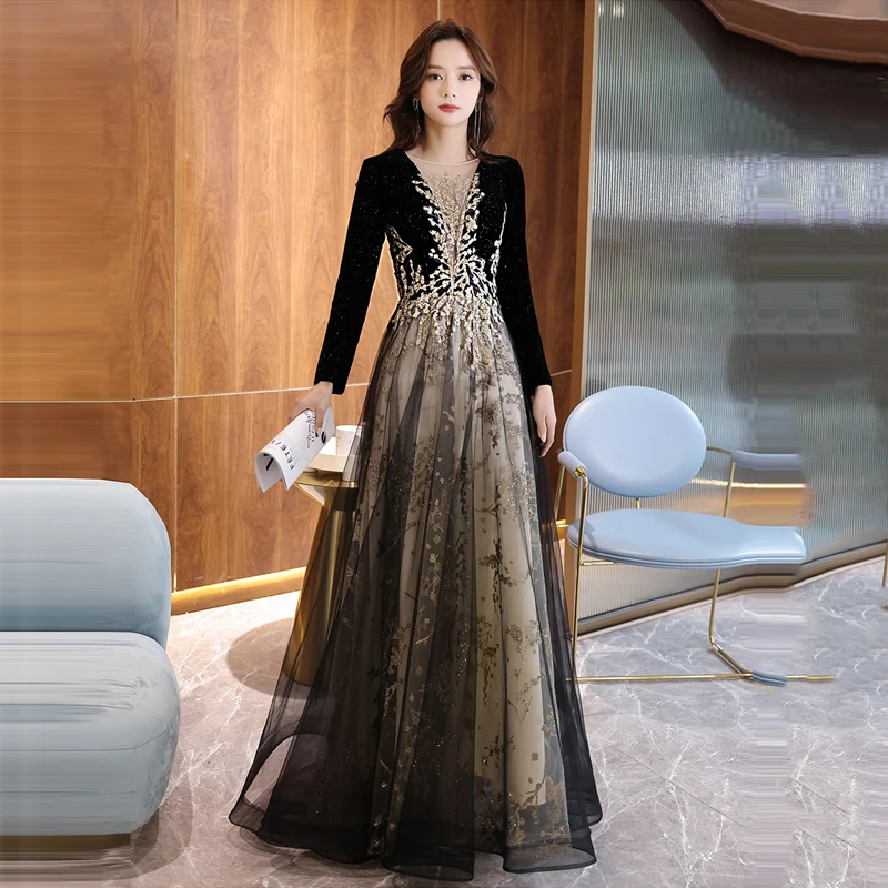 

New Evening Dress Elegant Sequins Appliques O-Neck Full Sleeves Pleat A-Line Floor-Length Lace Up Woman Formal Party Gown A575