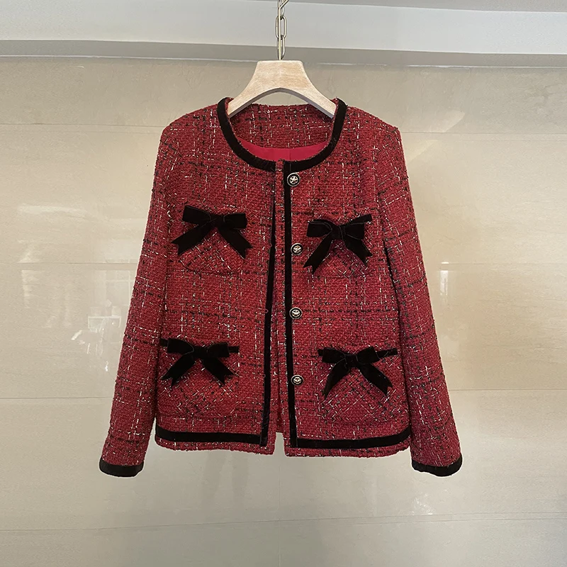 

Женский твидовый пиджак с бантом, красное шерстяное кашемировое пальто с длинным рукавом, Осень-зима 2019