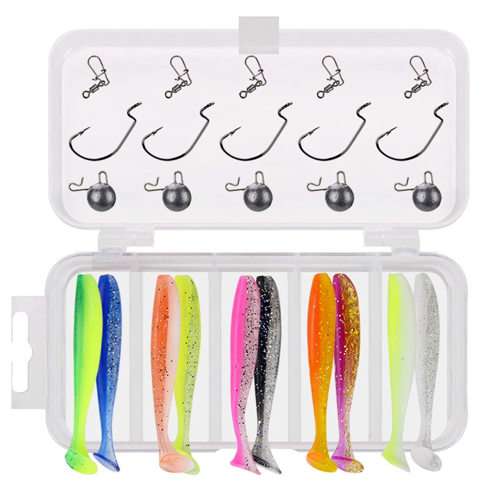 

FISH Soft T Fishing Lure Set 25pcs Silicone Baits With Lead Jig Head Fishhook Offset Hooks Worm Carp Fishing Tackle Kit
