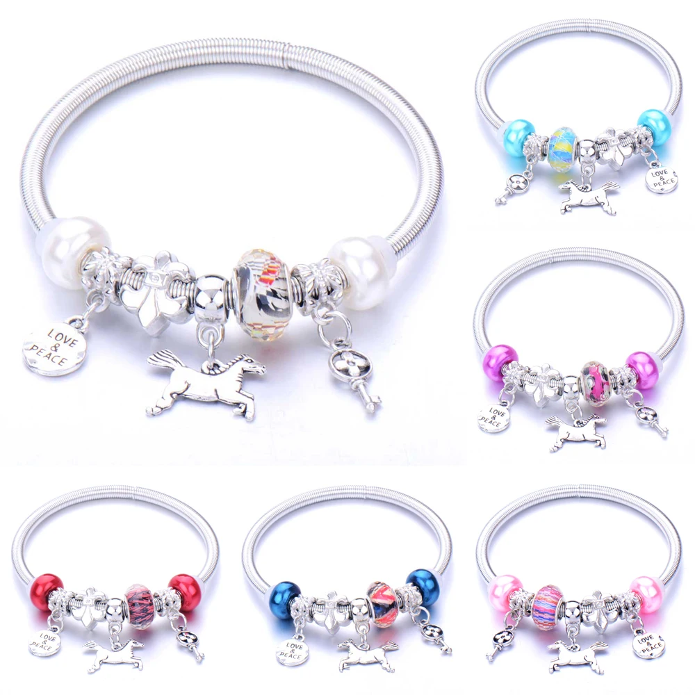 

Handmade Love Peace key Elastic bead bracelet 6 colour horse alloy Lotus Charm Bracelet for Women Men Yoga Jewelry Gifts