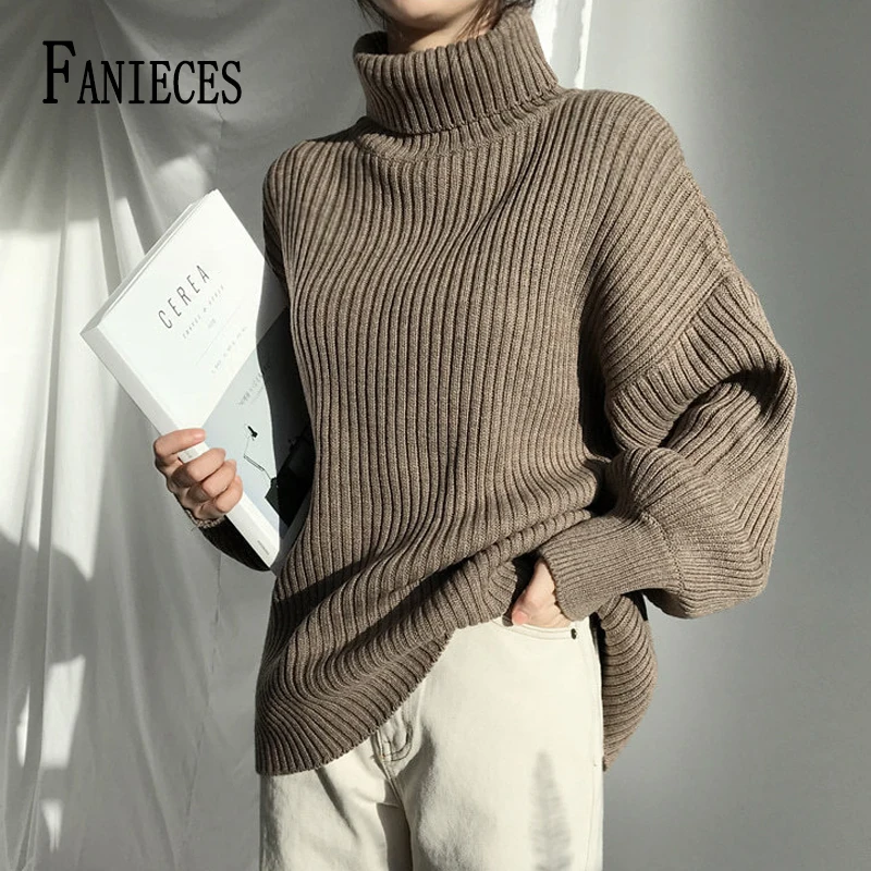 

FANIECES Осенняя теплая водолазка Свободный пуловер Женская однотонная элегантная вязаная зимняя одежда во французском стиле топы уличная оде...