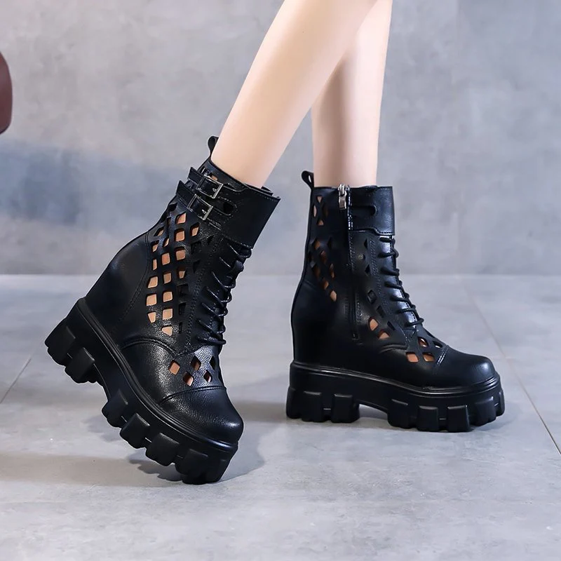 

Summer New Sandals Boots Women Hollow Outs Net Boots Black Increasing Height Shoes pu Leather Sandals Breathable 10cm High Heels
