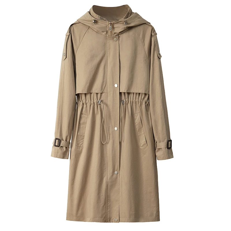 

2020 New Spring Autumn Coat White Loose Hooded Trench Coat Plus size Slim Outwear Casual Female Windbreaker Adjustable waist