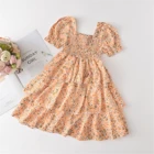 Детское модное Цветочное платье с коротким рукавом для девочек, стильное платье с квадратным вырезом для девочек