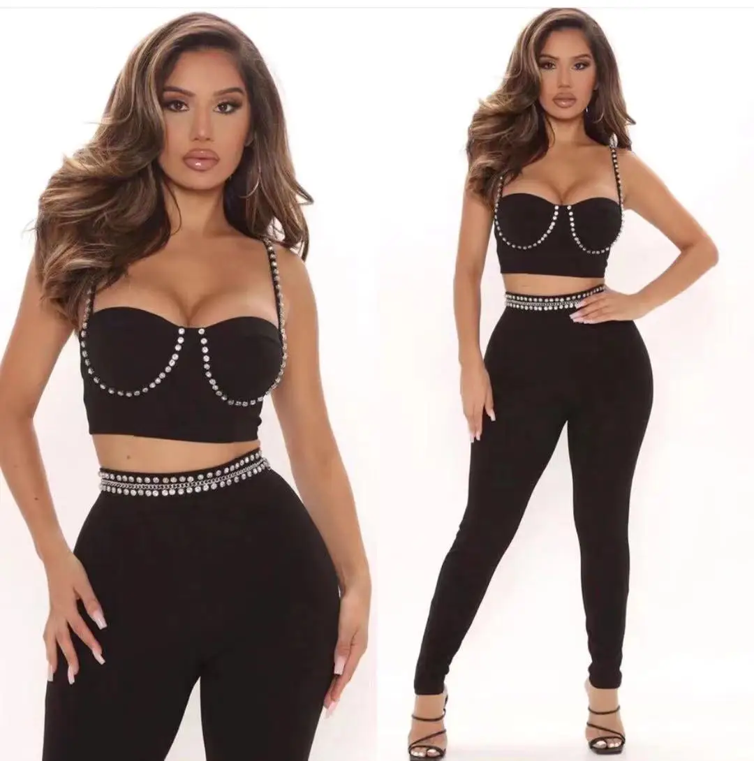 

Women Winter Sexy Sleeveless Diamonds Crystal Black Two Pieces Bandage Set 2021 Celebrity Designer Fashion Party Women's Set