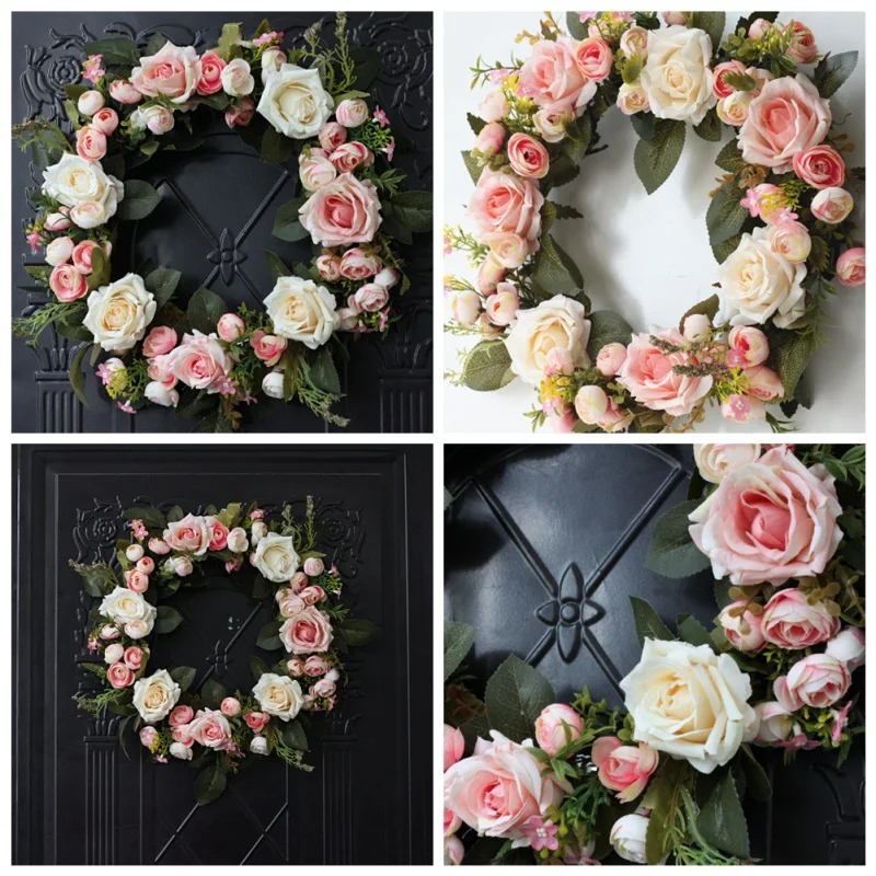 

Christmas Flower Wreath Advent Fake Floral Rattan Garland With Green Leaves For Front Door, Window, Wall, Wedding, Home Decor
