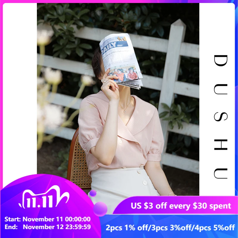 

Женская Офисная рубашка DUSHU, свободная двубортная рубашка розового и темно-синего цвета с воротником, повседневная Простая рубашка в морско...