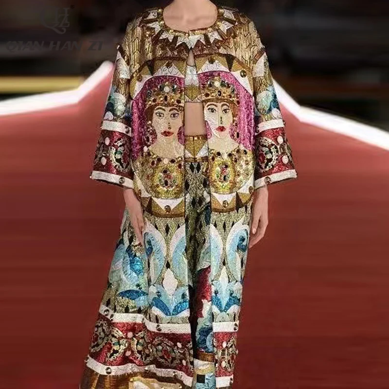 

Qian Han Zi Дизайнерский Модный подиумный Винтажный Длинный тренчкот с длинным рукавом с рисунком из кристаллов бриллиантов Женское зимнее пал...