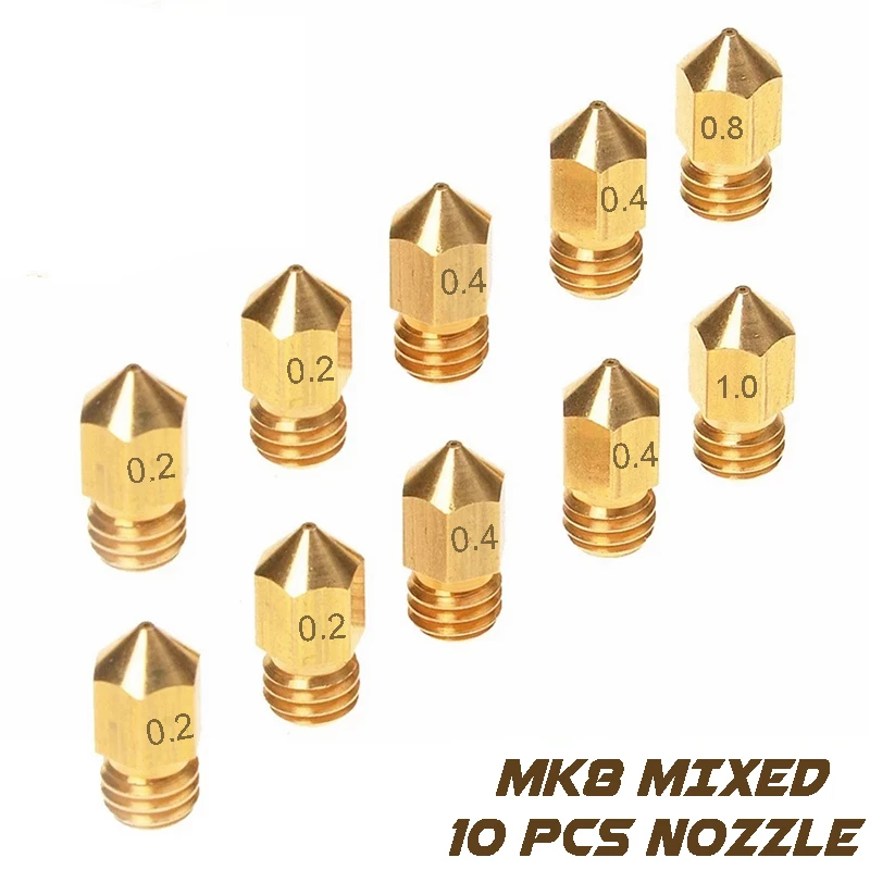 

Aokin 10 PCS MK8 Extruder Nozzle 0.2 0.4 0.8 1.0 mm 1.75mm for 3D Printer Makerbot Anet A8 Creality CR-10 CR-10S S4