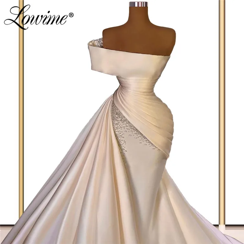 Lowime Off The Shoulder Mermaid Evening Dresses 2021 Couture Beaded Long Party Gown For Weddings Arabic Dubai Satin Prom Dresses