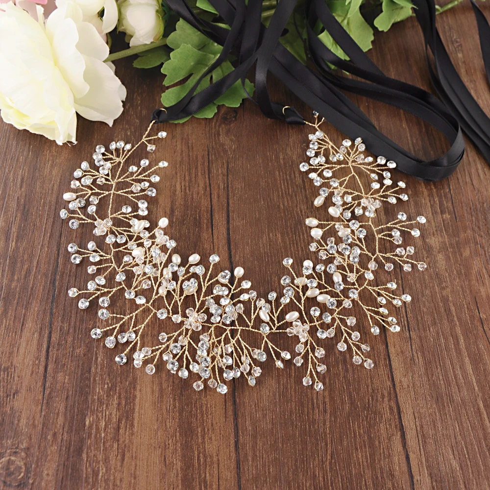 

TRiXY SH10-G Sparkly Golden Rhinestones Belt Bridal Belt Crystal Pearls Ribbons Wedding Belt Sash For Bridal Bridesmaids Dresses