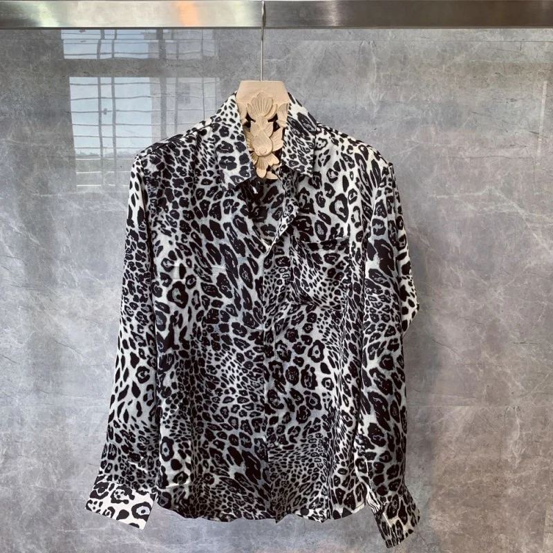 

Рубашка мужская с леопардовым принтом, модная повседневная с длинным рукавом, в стиле Харадзюку, топ для ночных клубов вечерние, желтая/серая