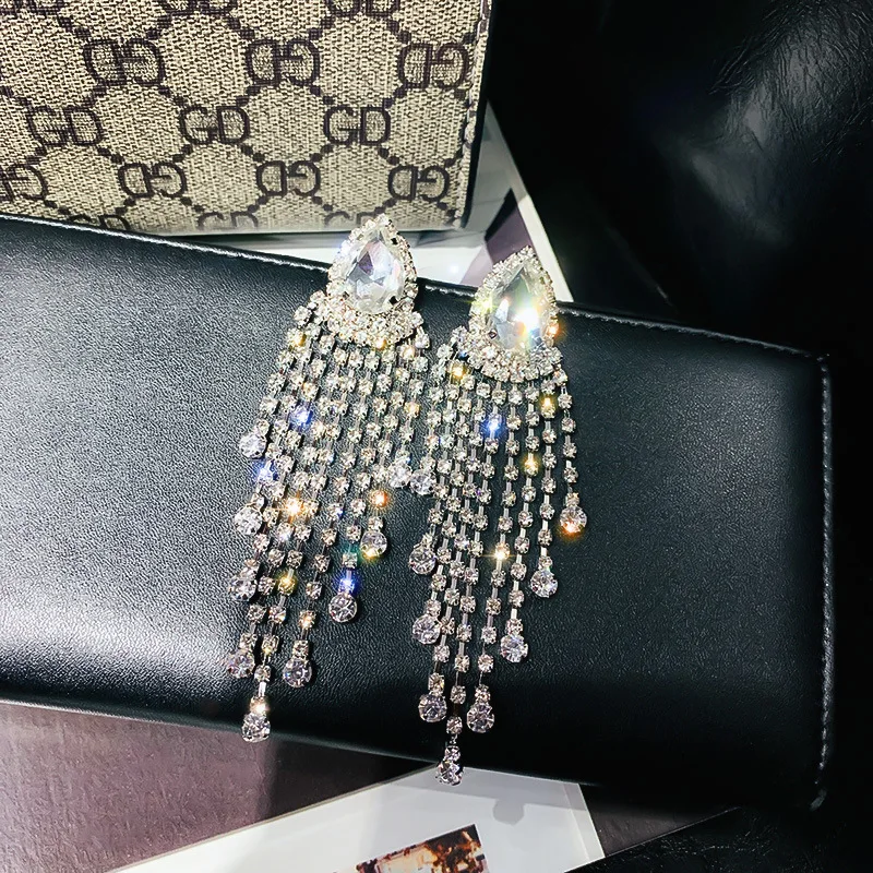 

USTAR Long Tassel Water Drop Crystal Drop Earrings Gold Silver Color Rhinestone Dangle Earrings for Women Party Wedding Jewelry