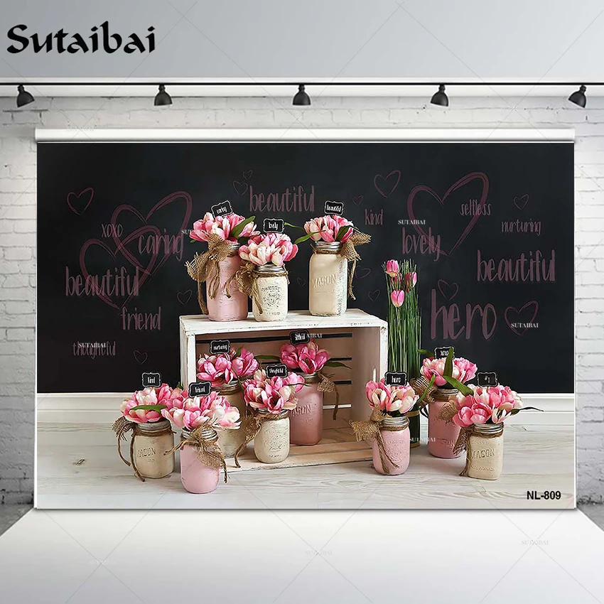 

Valentine's Day Backdrop Photo Blackboard Wall Love Flowers Baby Shower Bridal Couple Anniversary Background Portrait Booth Prop