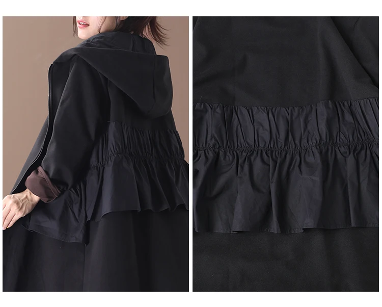 female new autumn and winter plus size korean style outerwear literary ruffled stitching hooded with velvet loose trench