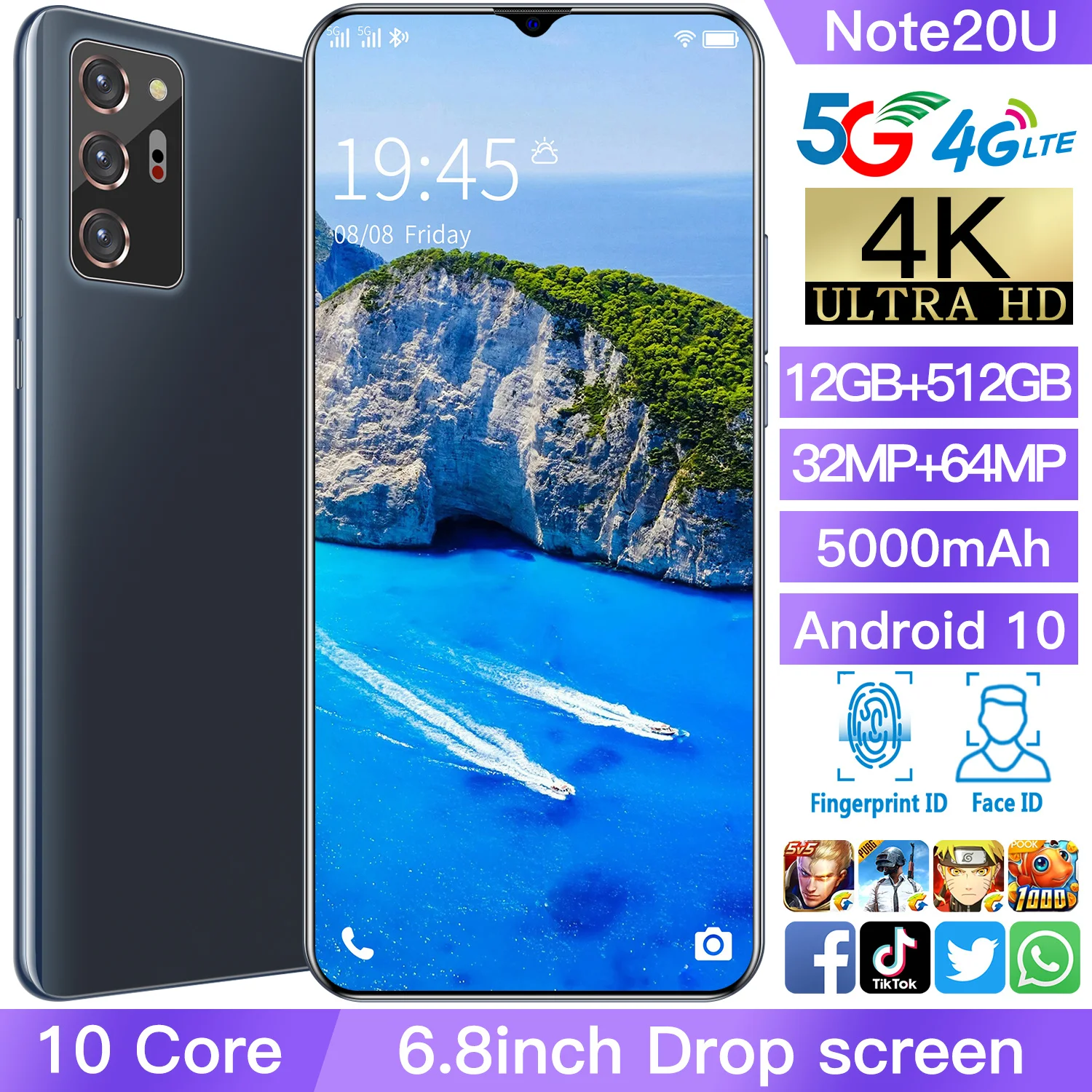 

Newest Smart Phone Note 20U 6.8 Inch HD Full Screen 5G LTE Android 10 Core Face Fingerprint ID Unlocked Dual SIM Mobile Phones