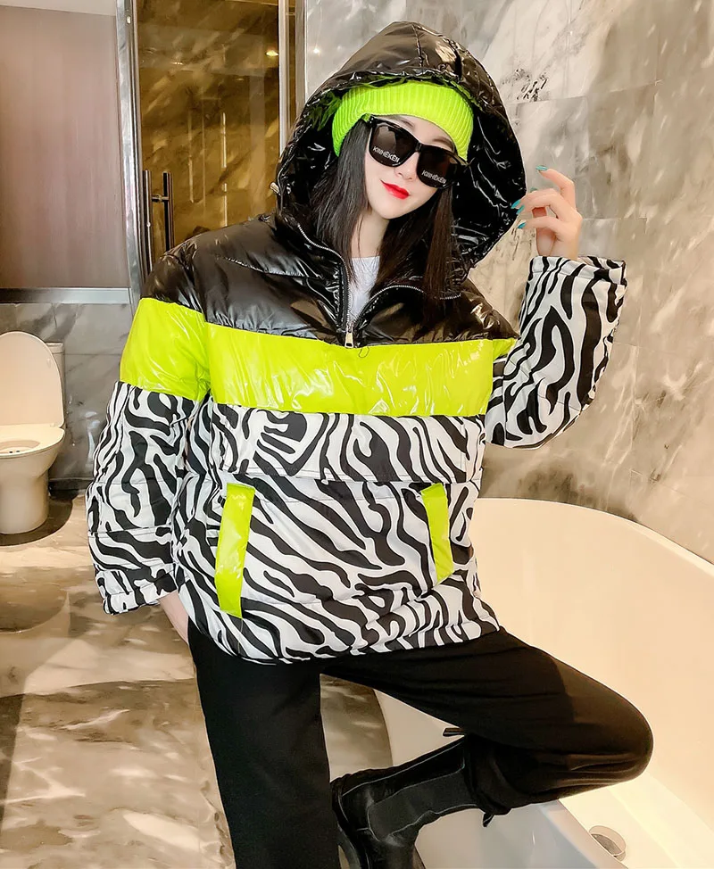 

Parka Women Winter Down Jacket Stilysh Zebra Pattern Printed Jackets Coats Women Long Hooded Outwear Thick Cotton-padded Coats