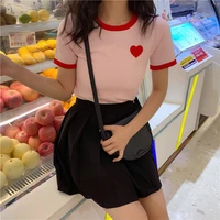 korean style shirts kawaii heart matching pink love top girl knit short sleeved t shirt o neck white ladies tops 2021 harajuku