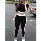 Женский комплект из двух предметов, укороченный спортивный костюм в контрастную полоску с высокой талией, облегающий Женский Топ с длинным рукавом и брюки, однотонный комплект