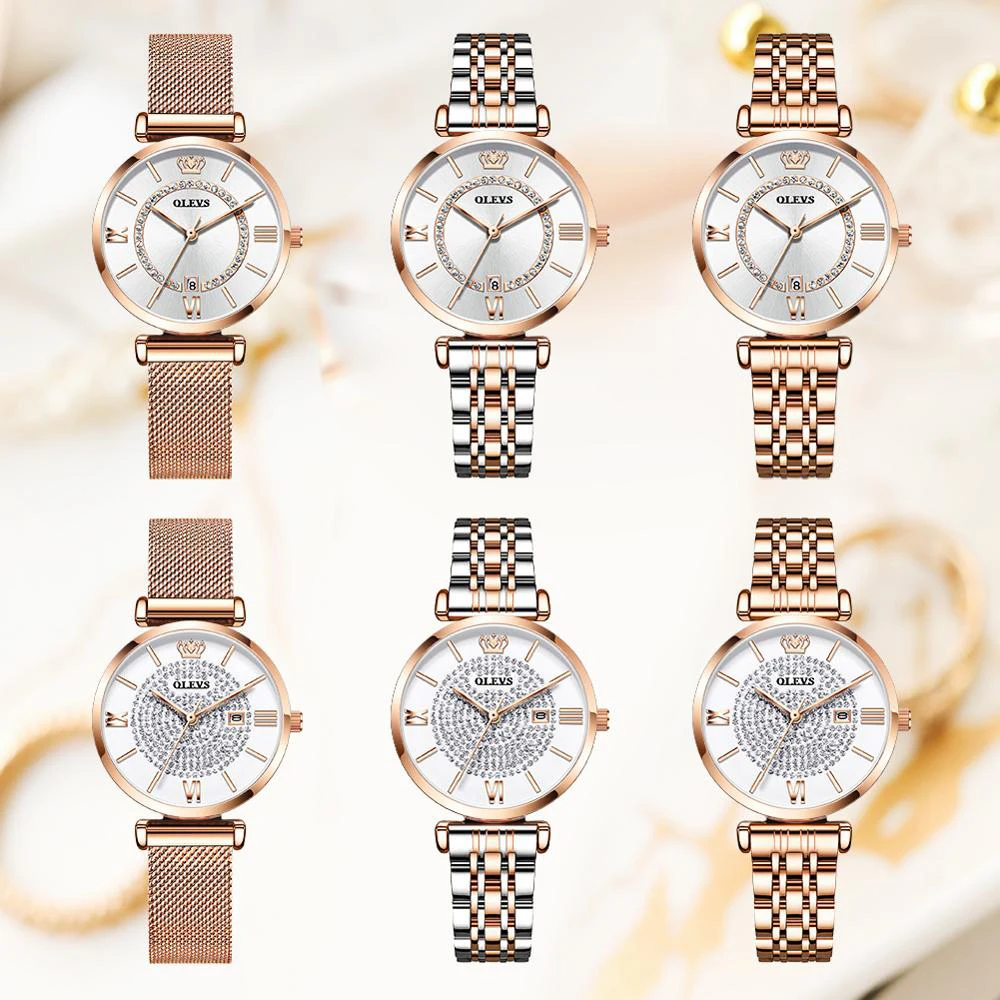 Quartz Diamond OLEVS Woman Watch Roman Numerals Watches For Lady Rose Gold Women's Dress Clock Stainless Luxury Auto Date enlarge