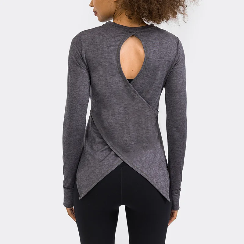 

SPACE Tie Back Full Length Women Workout Shirts Open Back Soft Gym Tops Loose Fit Long Sleeve Autumn Yoga Top