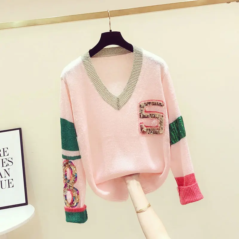

2021 women's spring and autumn sweater Korean version of color matching sequin beaded v-neck long sleeve pullover loose sweater