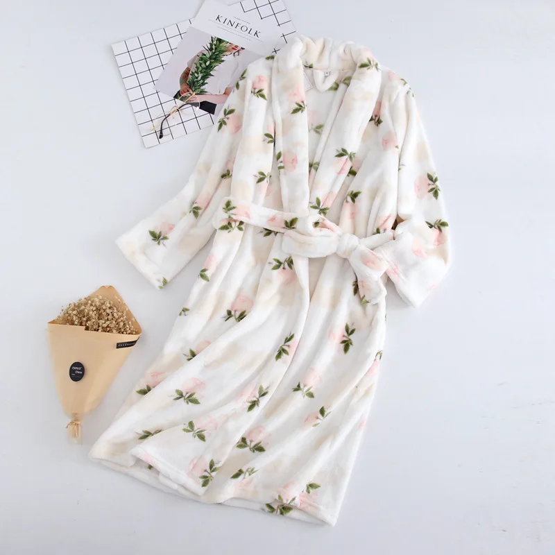 2020 New Year Robe Winter Thick Warm Female Bathrobe Flannel Pink Kimono Cute Nightgown Print Night Dress Casual Sleepwear | Женская