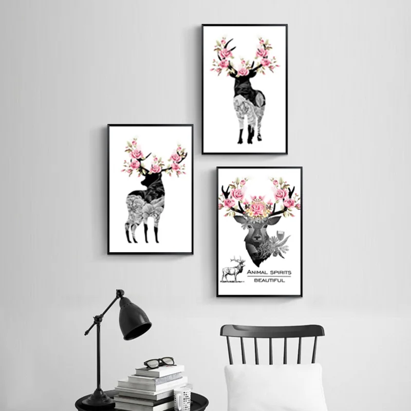 RELIABLI Арт холст картины Черный и белый олень с цветком фотографии Wall ART Для
