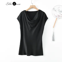 simple mulberry silk pile collar top t shirt comfortable silk pure black versatile shirt 2021 fashionable womens new style