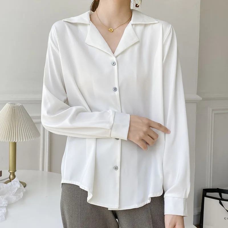 

Korean 2021 Loose Fashion Long Sleeve Shirt Solid Top Plus Size Clothing for Women Office Lady Chiffon Button Solid V-Neck 0894