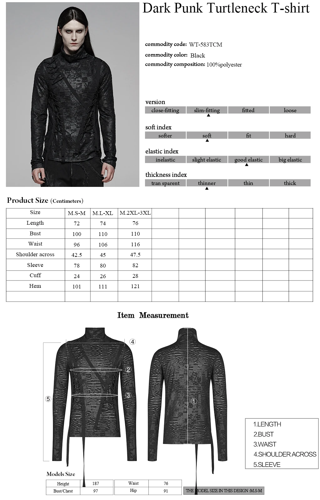 

PUNK RAVE Men's Dark Punk Turtleneck T-shirt Matte Print Knit Cotton Slim Fit Handsome Long Sleeve Tops