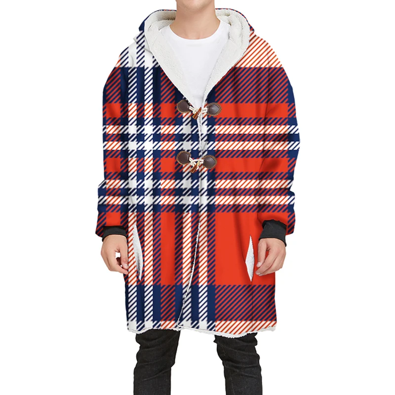 

Red Plaid Printing Hoodies Male 3D Winter Warm Casual Harajuku Men Hooded Coat Loose Single-breasted Men Hoodies