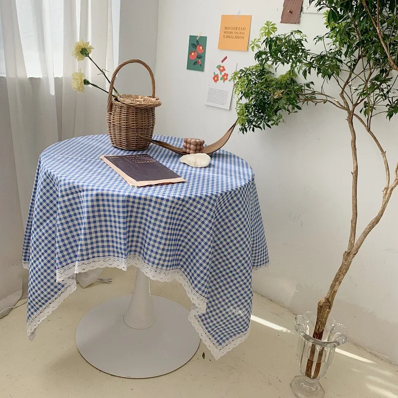 

Ins Style Japanese Korean Style Small Fresh Plaid Tablecloth Makaron Color Girl Heart Lace Side Table Mat Tea Table Picnic Cloth