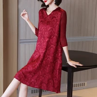 dress women autumn 2021 new v neck elastic loose miyake pleated three quarter sleeve a line dress knee length