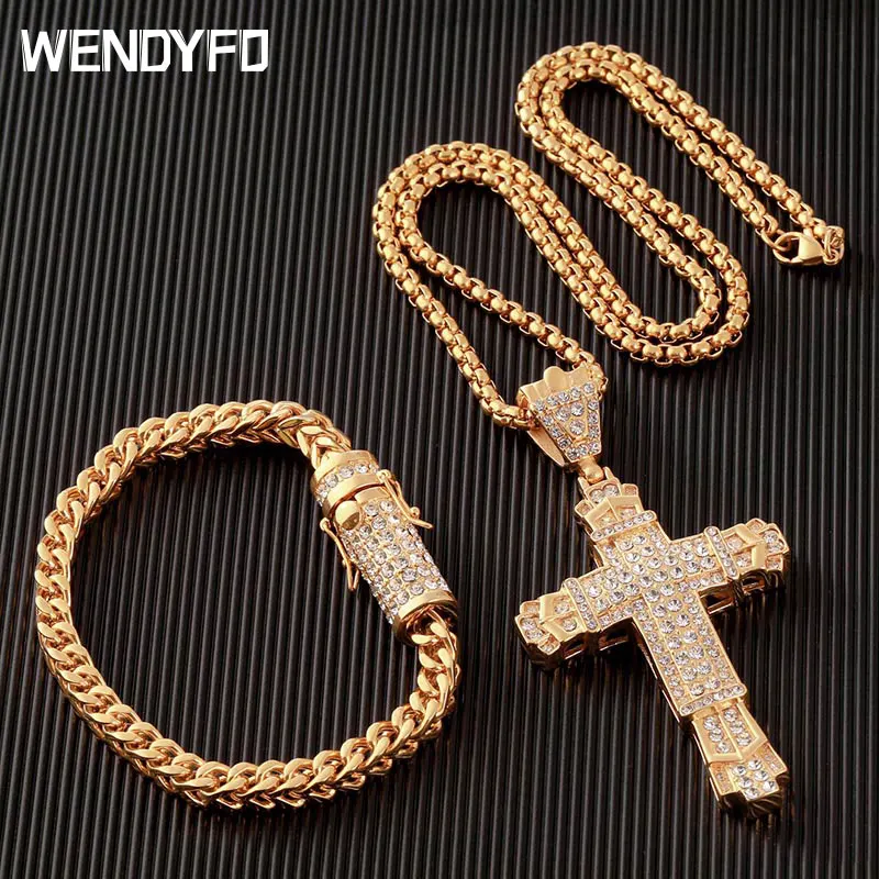 Новый Хрустальный Крест Ожерелье Мужчины Золото Цвет хип хоп из нержавеющей