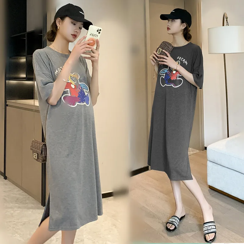 

728# 2021 Summer Casual Cotton Maternity Long Tees Large Size Loose Side Splits Dress Clothes for Pregnant Women Pregnancy