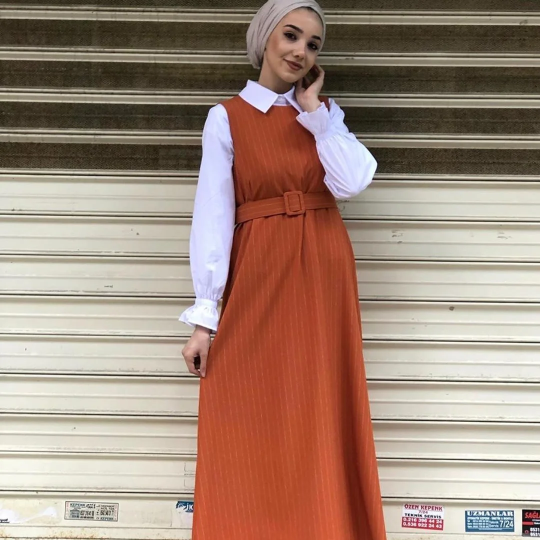 2021 Мусульманский новый арабский турецкий Модный женский жилет, стильное платье с поясом, Модные Повседневные платья, ансамбль для женщин