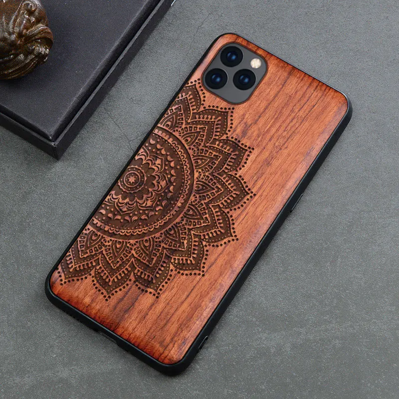Carved Real Wood Case for iPhone 11 Wooden TPU Frame Skull Wave Flora Pro Max 7 8 Plus XS X XR |