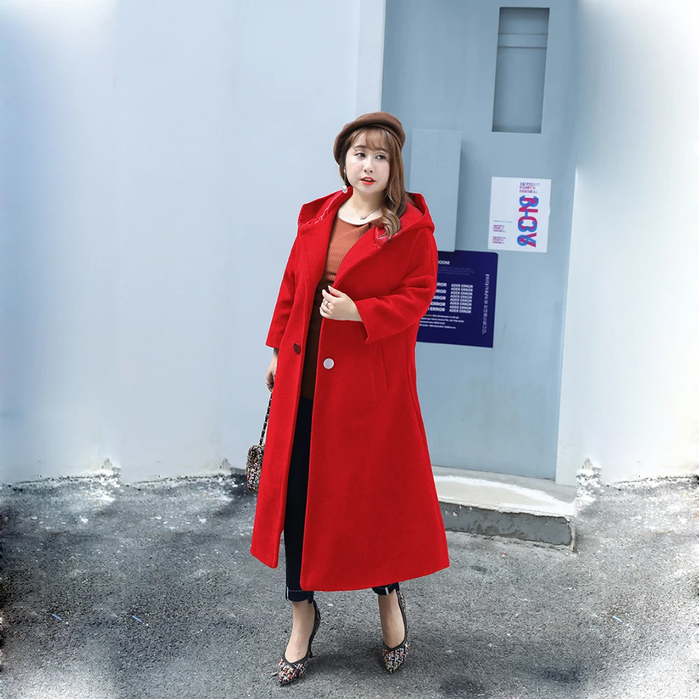 Женское шерстяное пальто с капюшоном длинное Свободное большого размера верхняя