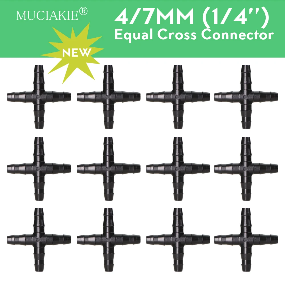 

MUCIAKIE New 4/7mm Equal Cross Connectors Garden Water Adapter 1/4'' Barb Coupling Adaptor Garden Micro Irrigation Drip Fittings