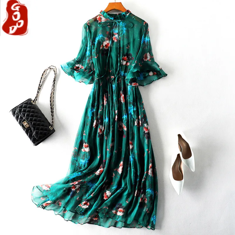 

Vintage Summer Dress Women Clothes 2021 Boho 100% Real Silk Long Vestidos Ladies Floral Green Maxi Dress+top Mujer 98006