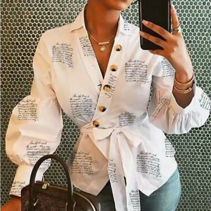 

Fashion Women Deep V Neck Long Sleeve Shirt Casual Slim Tunic Bandage Blouse Lantern Sleeve Formal Tops